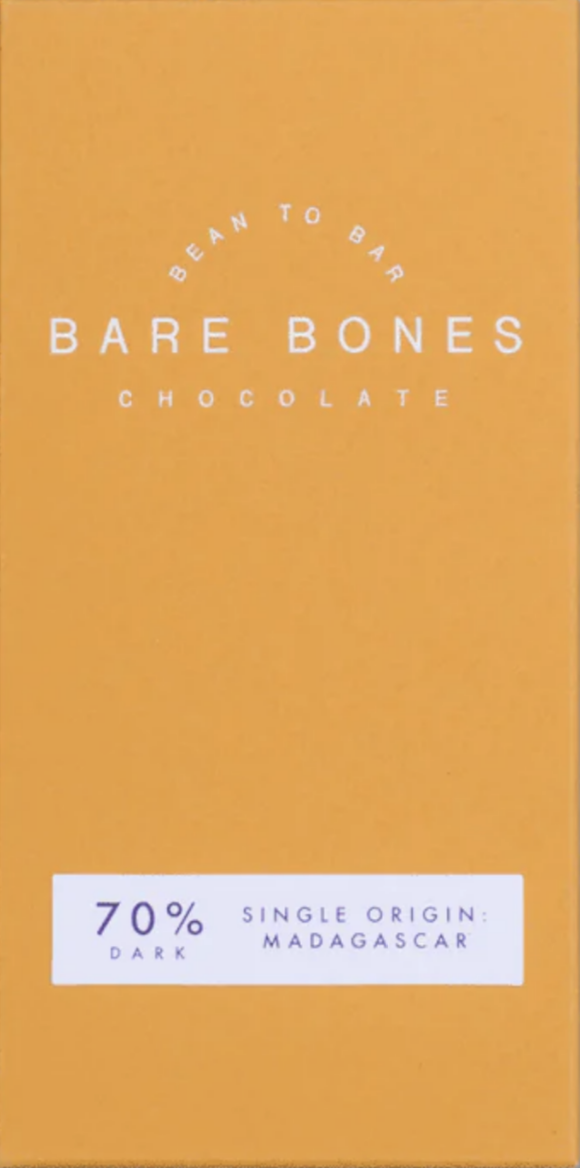 Front packaging of Bare Bones 70% Dark Chocolate with yellow background